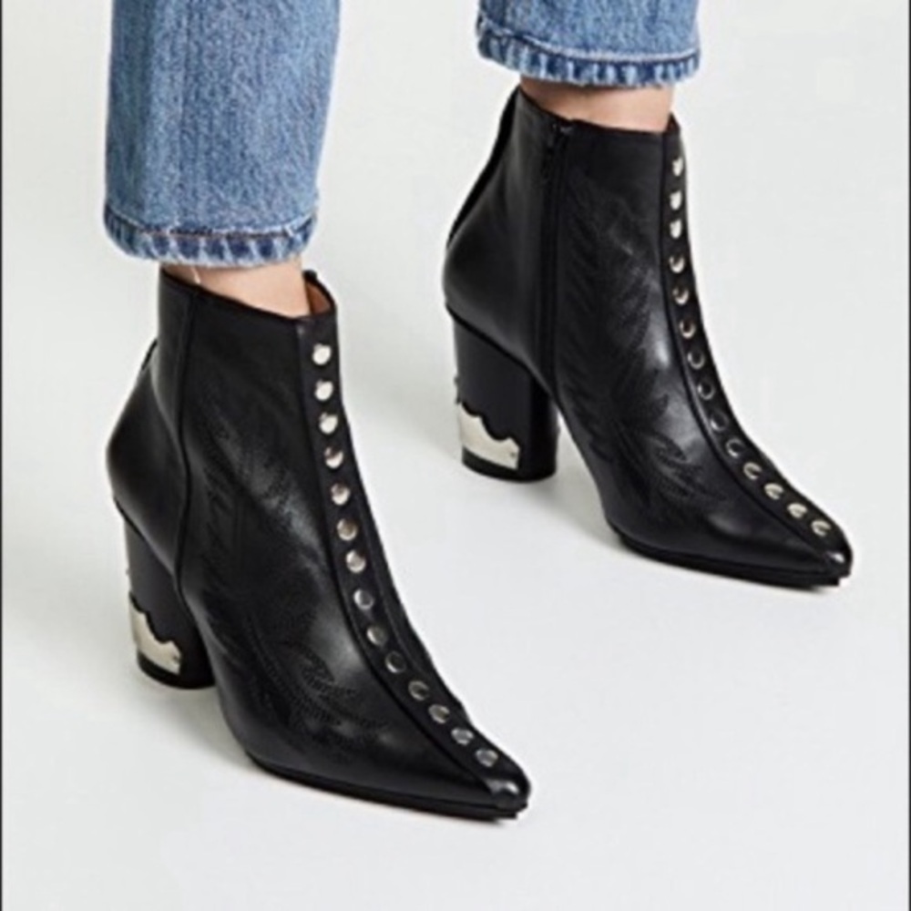 ✅ Toga Pulla Western Ankle Booties Studded Pointed Toe in Black Leather
